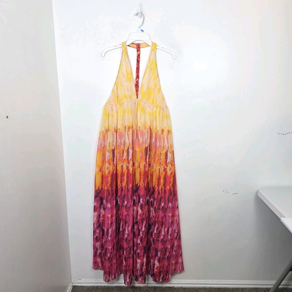 Anthropologie Yellow Pink Colorful Sleeveless Summer Semi-Sheer Maxi Dress Sz S - Picture 3 of 8
